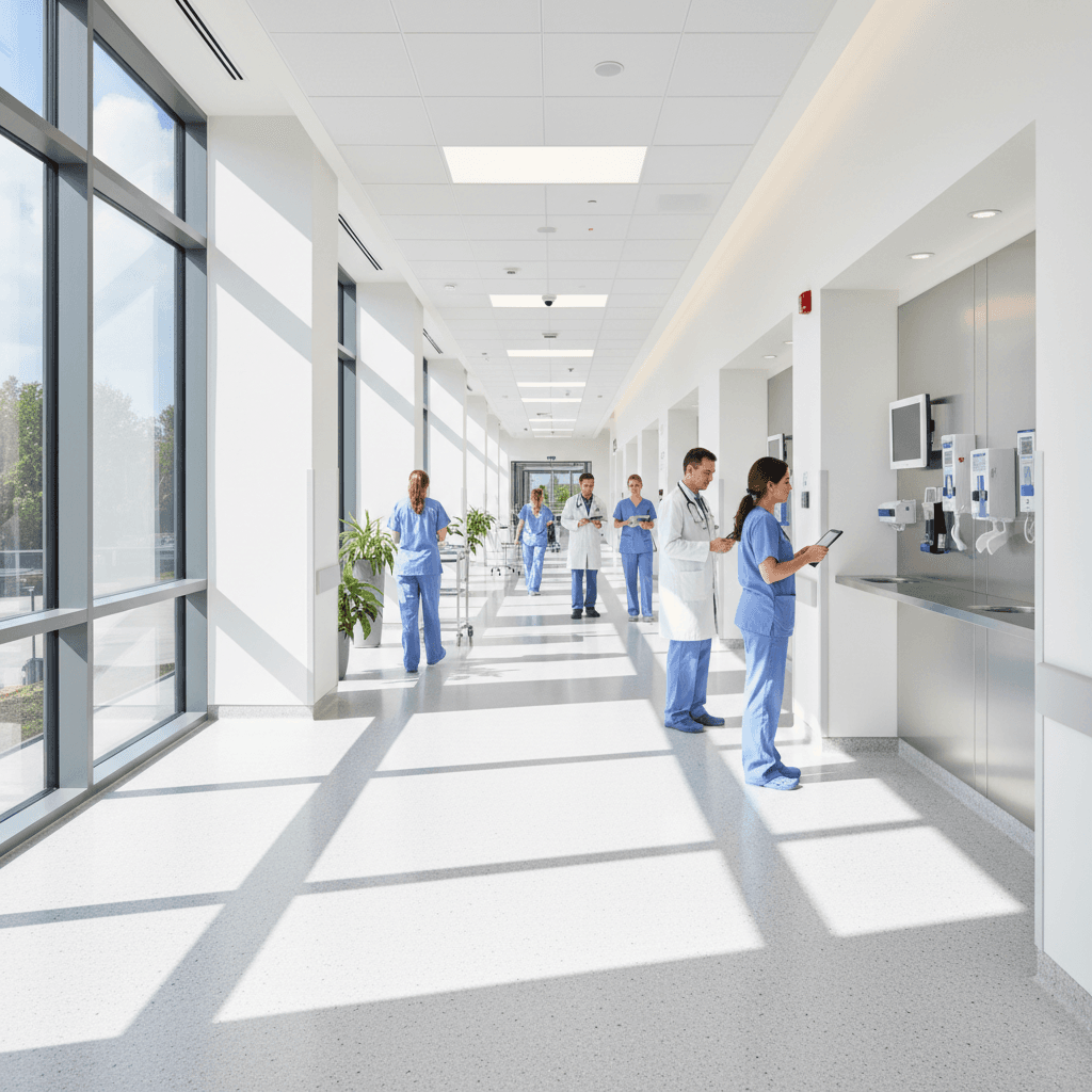 Modern hospital corridor, clinical environment, dim ambient lighting, deep shadows on clinical walls, low-key medical atmosphere