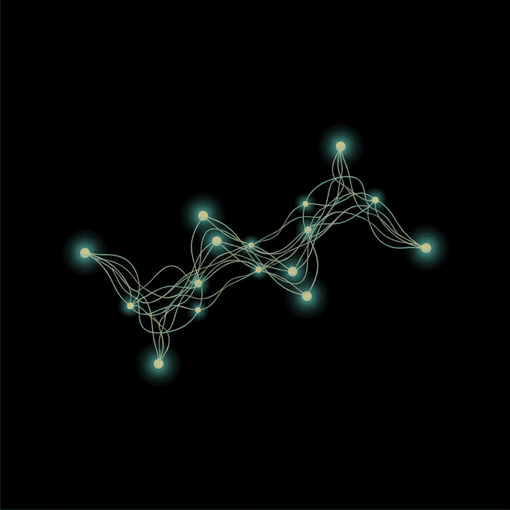 Abstract AI neural network visualization, dark blue background, glowing data nodes, deep atmospheric digital environment